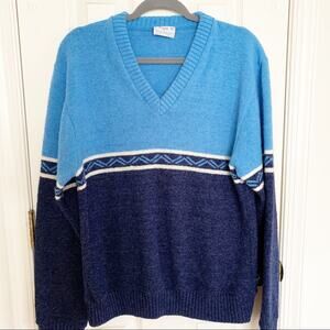 Vintage Blue V Neck Color Block Sweater XL Eclectic Grandpa